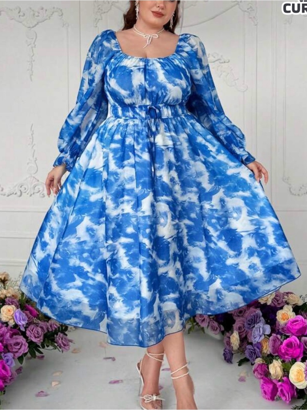 Plus-Size Blue Tie-Dye Midi Dress with Square Neck
